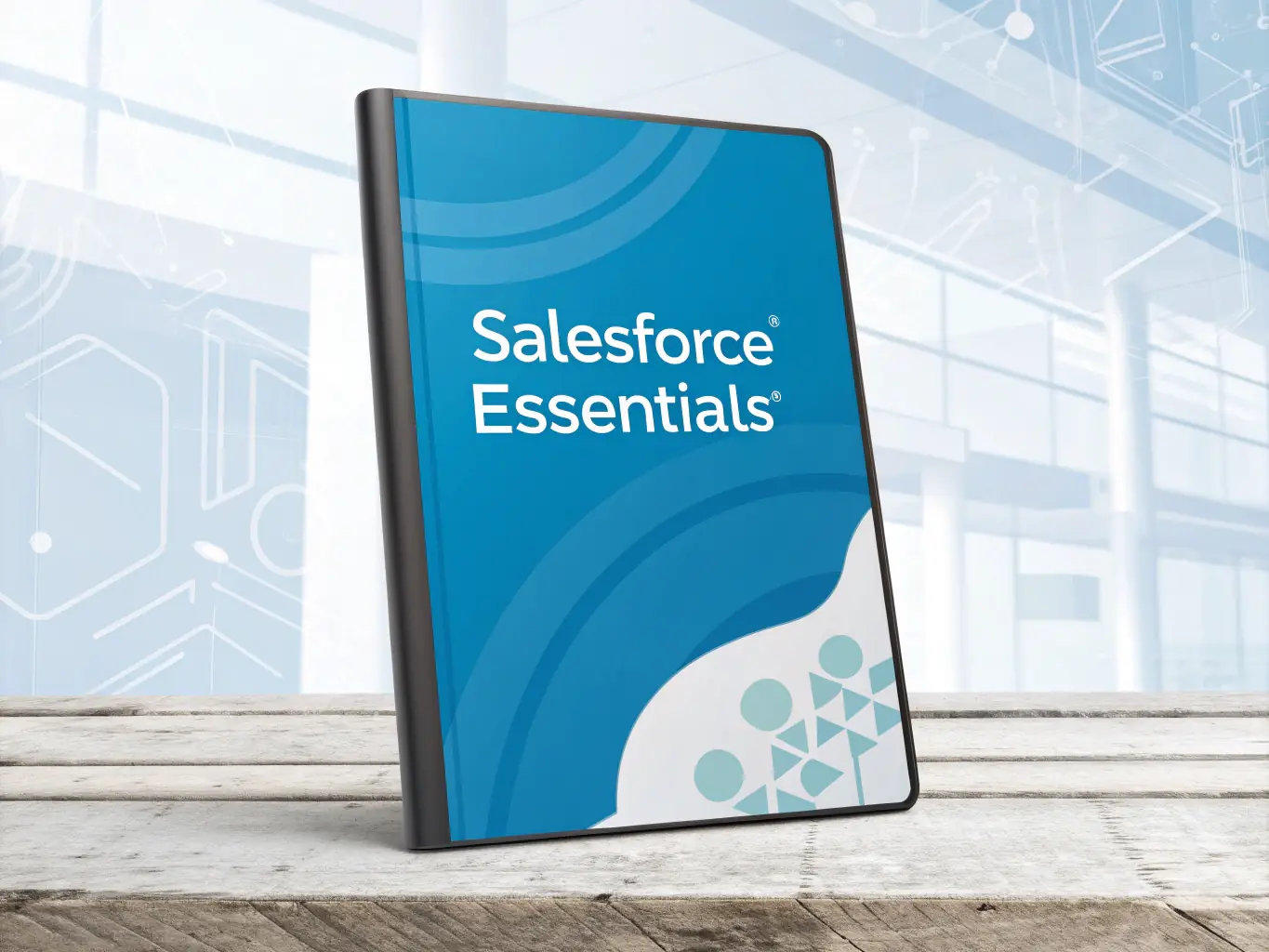 An ebook cover with a Salesforce logo and the title "Salesforce Essentials".